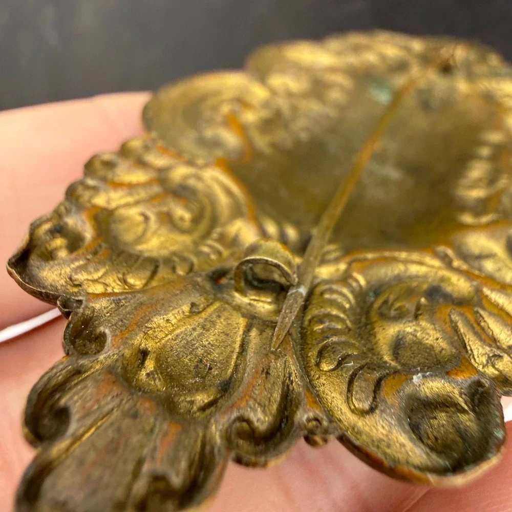 Vintage Floral Repousse Brooch Bronze Tone Large Lotus Statement